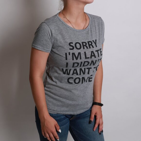 Sorry I'm Late I didn't want to come Gray Short Sleeve T-Shirt Small Women - Picture 2 of 4